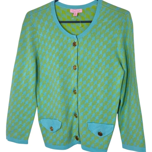 Lilly Pulitzer cotton knit gold logo button up cardigan Lime & Aqua pockets Med - Picture 1 of 7